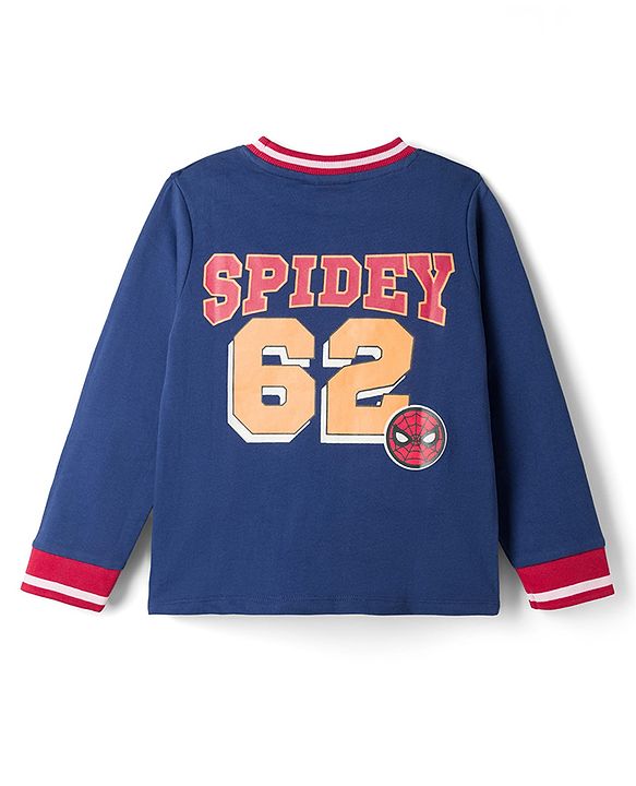 Pine Kids Marvel 100% Cotton Terry Knit Full Sleeves T-Shirt with Spiderman Graphic - Navy Blue
