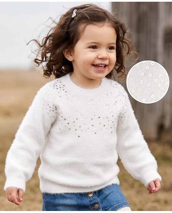 Babyhug Knit Full Sleeves Pullover with Sequin Work - White