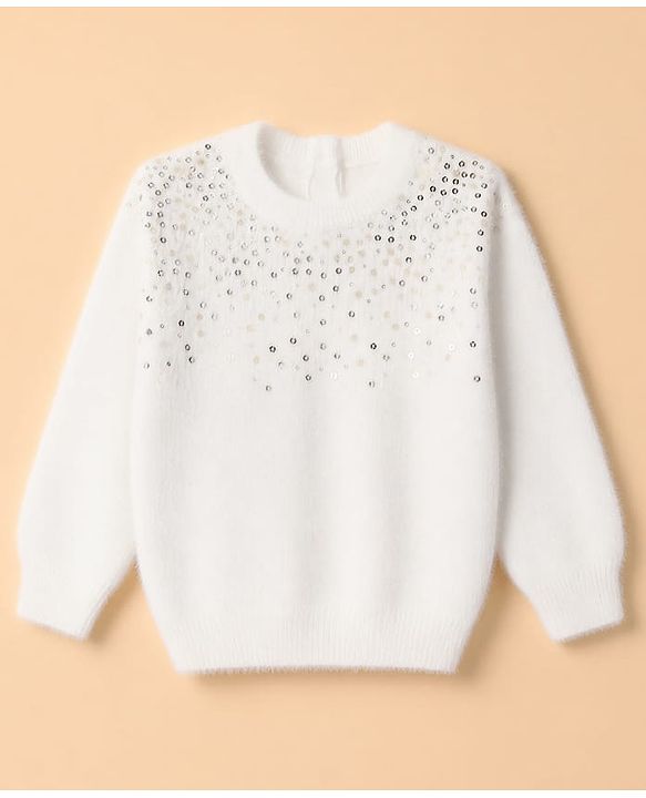Babyhug Knit Full Sleeves Pullover with Sequin Work - White