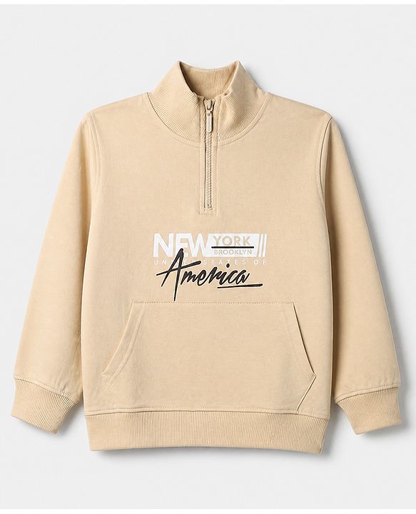 Pine Kids Cotton Knit Sweatshirts with Full Sleeves and New York Brooklyn United States Of America Print in Beige for 4-5 Years