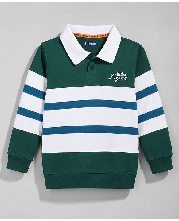 Pine Kids Cotton Knit Stripes Sweatshirt with Full Sleeves and Urban Legend Text Embroidery - Green