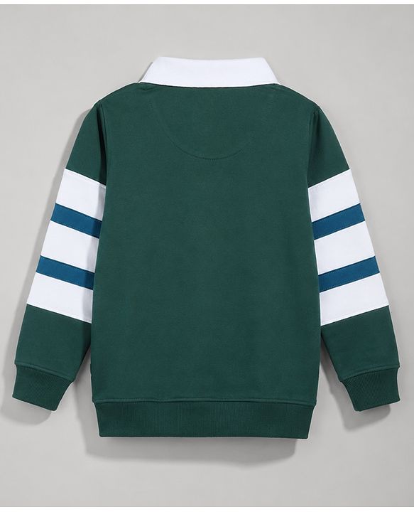Pine Kids Cotton Knit Stripes Sweatshirt with Full Sleeves and Urban Legend Text Embroidery - Green