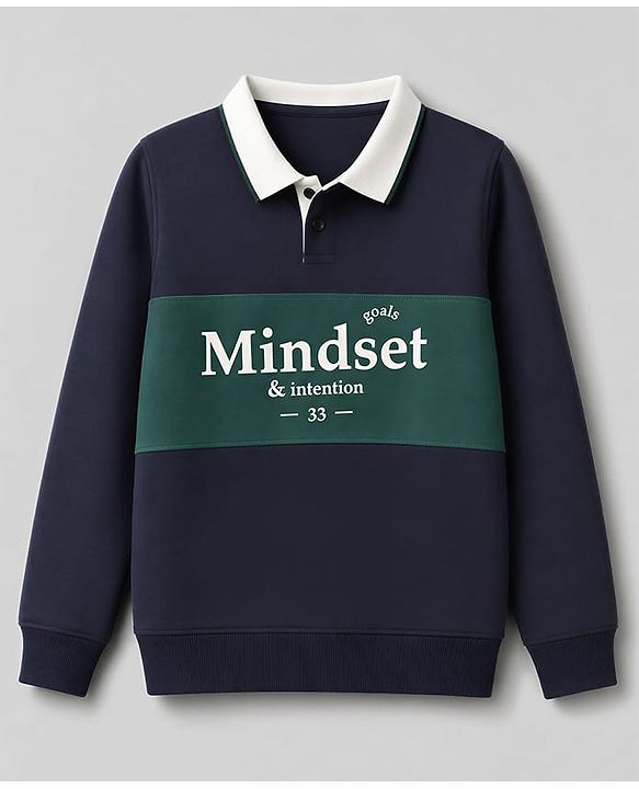 Pine Kids Cotton Knit Sweatshirt with Full Sleeves and Mindset Text Print - Navy Blue