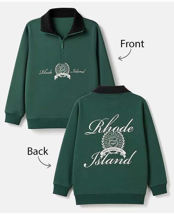 Pine Kids Cotton Knit Sweatshirt With Full Sleeves and Rhode Island Text Print in Front & Back - Green