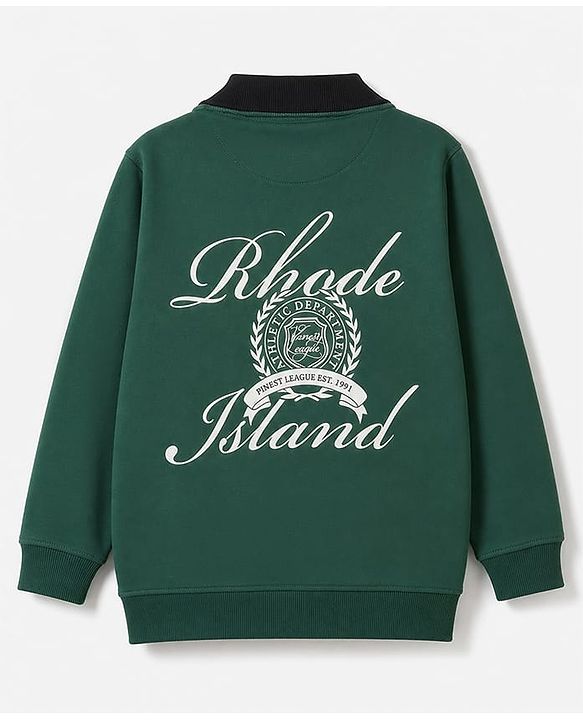 Pine Kids Cotton Knit Sweatshirt With Full Sleeves and Rhode Island Text Print in Front & Back - Green