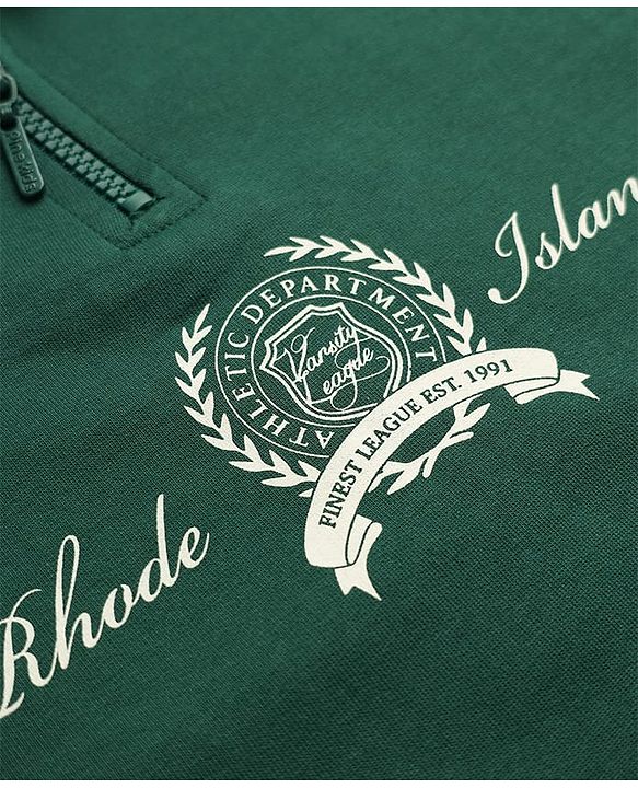 Pine Kids Cotton Knit Sweatshirt With Full Sleeves and Rhode Island Text Print in Front & Back - Green