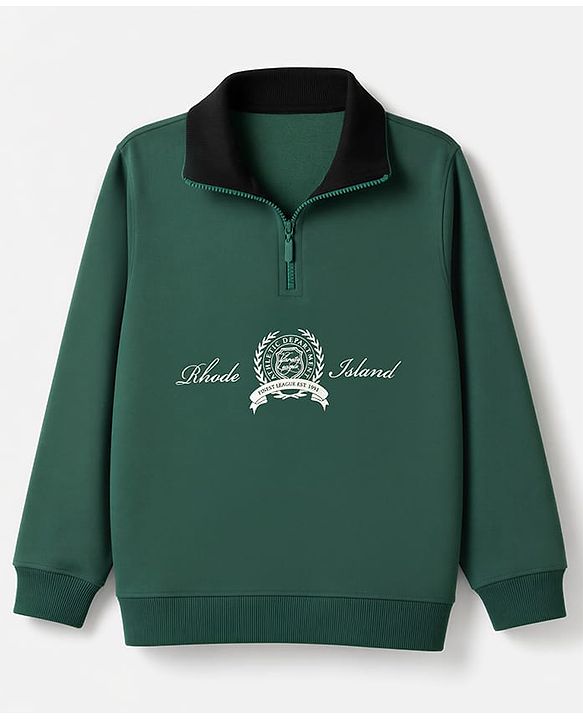 Pine Kids Cotton Knit Sweatshirt With Full Sleeves and Rhode Island Text Print in Front & Back - Green