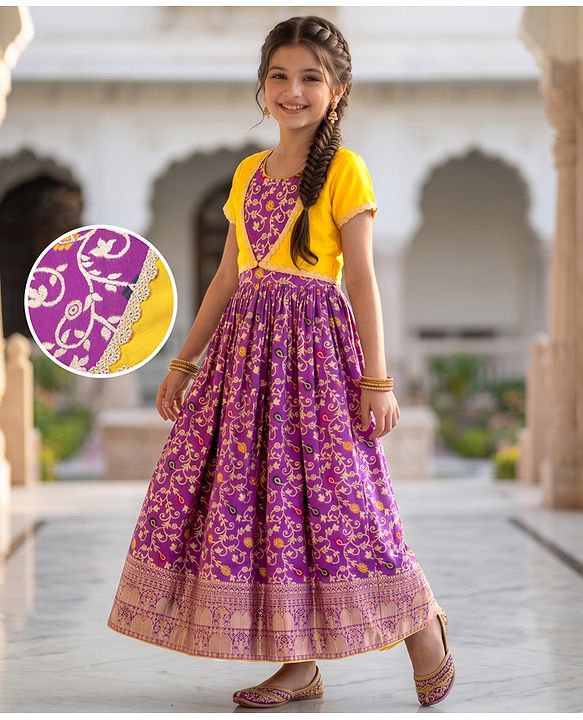 Pine Kids Jacquard Woven Half Sleeves Floral Zari Work Ethnic Dresses With Jacket - Violet