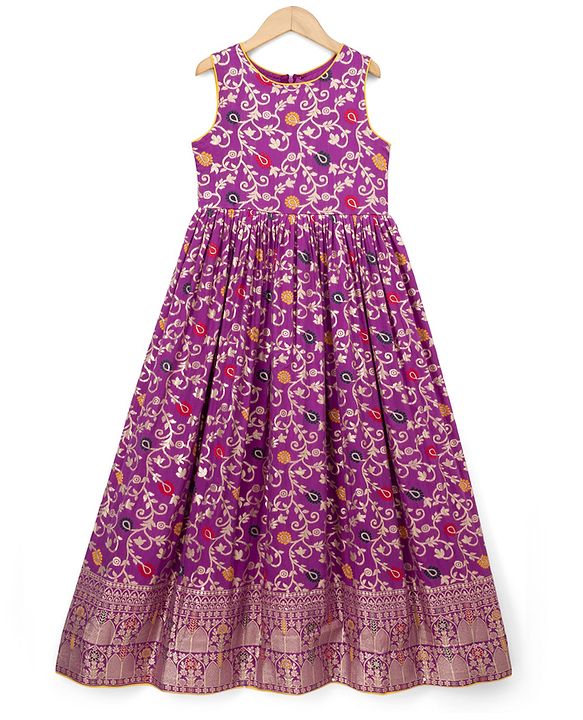 Pine Kids Jacquard Woven Half Sleeves Floral Zari Work Ethnic Dresses With Jacket - Violet