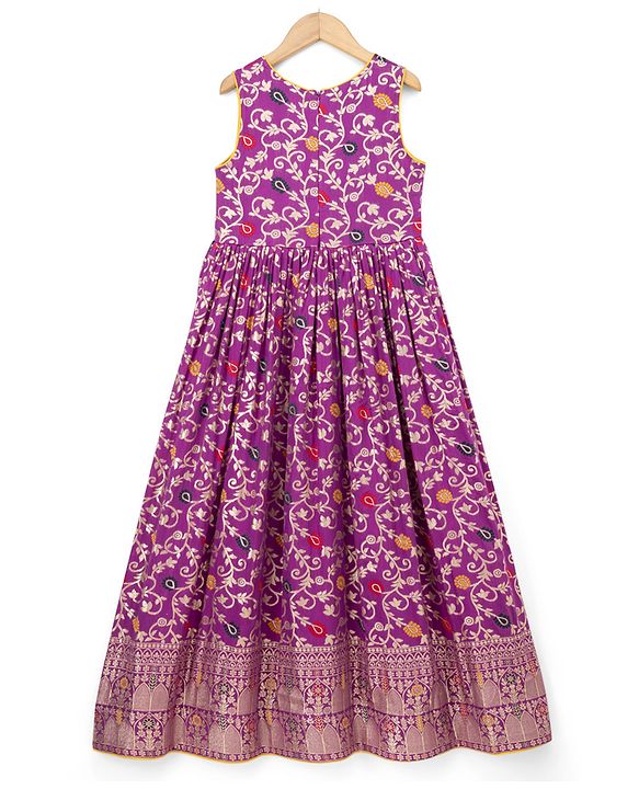 Pine Kids Jacquard Woven Half Sleeves Floral Zari Work Ethnic Dresses With Jacket - Violet