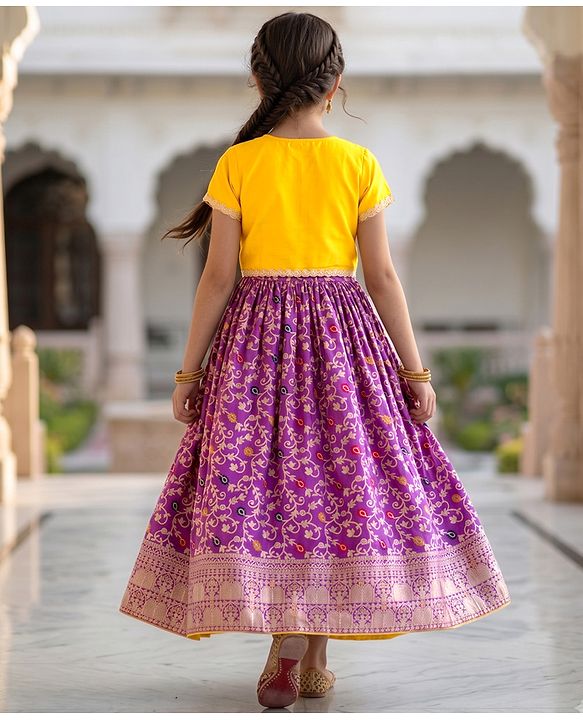 Pine Kids Jacquard Woven Half Sleeves Floral Zari Work Ethnic Dresses With Jacket - Violet