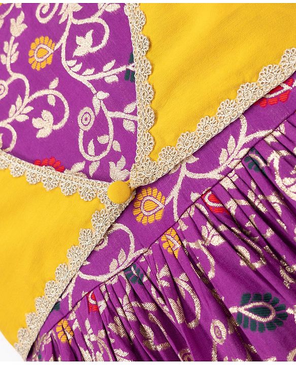 Pine Kids Jacquard Woven Half Sleeves Floral Zari Work Ethnic Dresses With Jacket - Violet