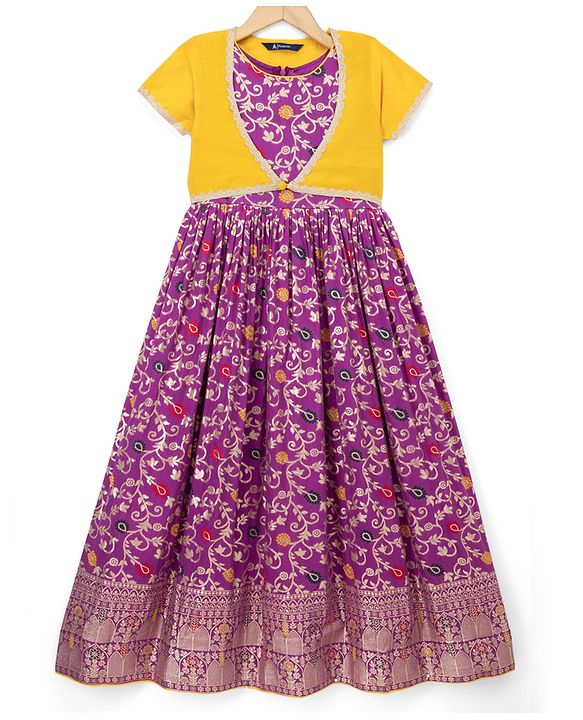 Pine Kids Jacquard Woven Half Sleeves Floral Zari Work Ethnic Dresses With Jacket - Violet