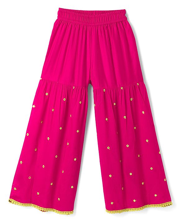 Pine Kids Woven Sleeveless Kurti & Gharara Set With Embroidery & Dupatta - Dark Pink