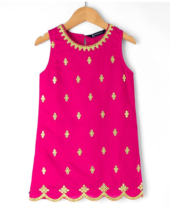 Pine Kids Woven Sleeveless Kurti & Gharara Set With Embroidery & Dupatta - Dark Pink