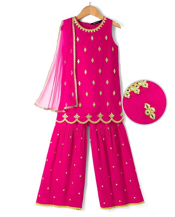 Pine Kids Woven Sleeveless Kurti & Gharara Set With Embroidery & Dupatta - Dark Pink