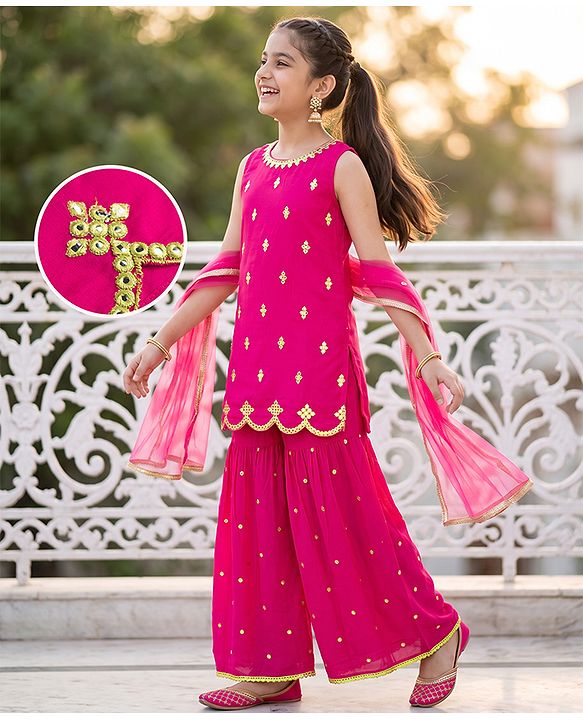 Pine Kids Woven Sleeveless Kurti & Gharara Set With Embroidery & Dupatta - Dark Pink