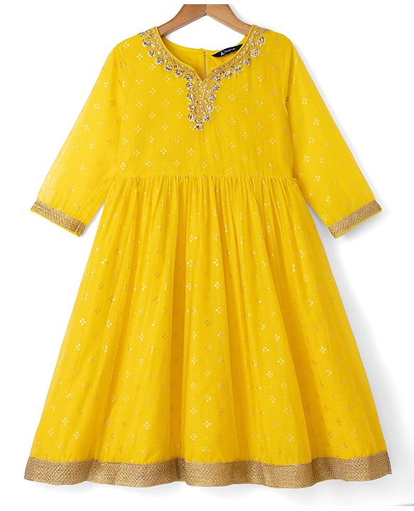 Pine Kids Woven Kurti and Pant With Dupatta With Three Fourth Sleeves and Floral Motifs Foil Print in Yellow