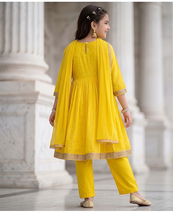 Pine Kids Woven Kurti and Pant With Dupatta With Three Fourth Sleeves and Floral Motifs Foil Print in Yellow