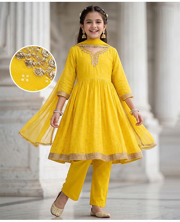 Pine Kids Woven Kurti and Pant With Dupatta With Three Fourth Sleeves and Floral Motifs Foil Print in Yellow