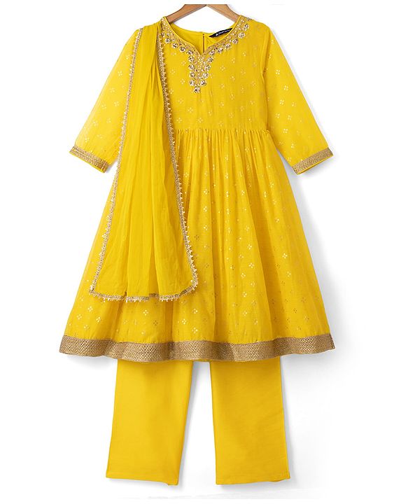 Pine Kids Woven Kurti and Pant With Dupatta With Three Fourth Sleeves and Floral Motifs Foil Print in Yellow