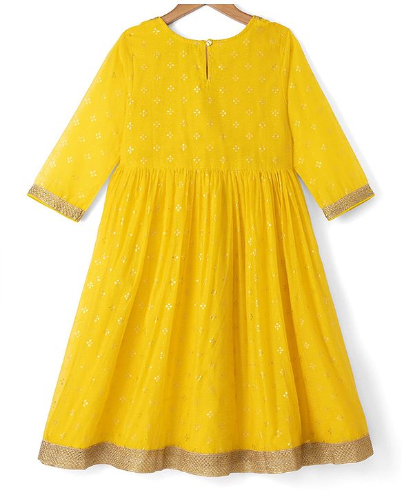 Pine Kids Woven Kurti and Pant With Dupatta With Three Fourth Sleeves and Floral Motifs Foil Print in Yellow