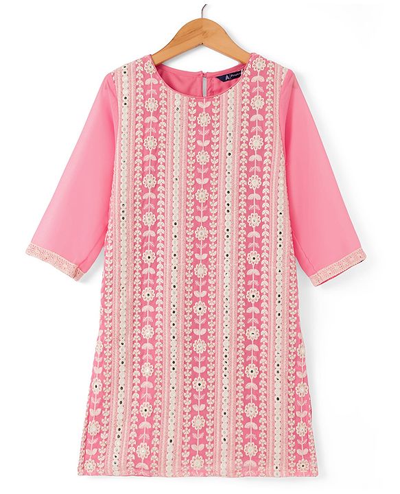 Pine Kids Woven Kurti, Pant and Dupatta with Three Fourth Sleeves and Floral Embroidery in Light Pink