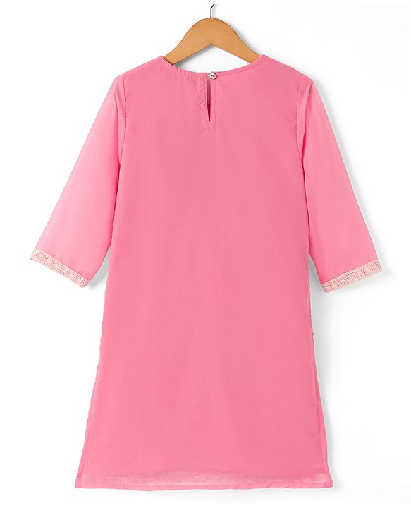Pine Kids Woven Kurti, Pant and Dupatta with Three Fourth Sleeves and Floral Embroidery in Light Pink