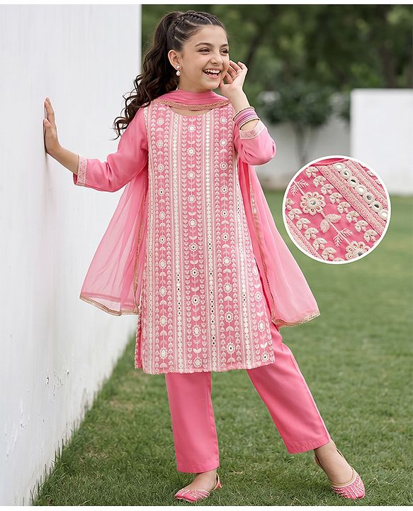 Pine Kids Woven Kurti, Pant and Dupatta with Three Fourth Sleeves and Floral Embroidery in Light Pink