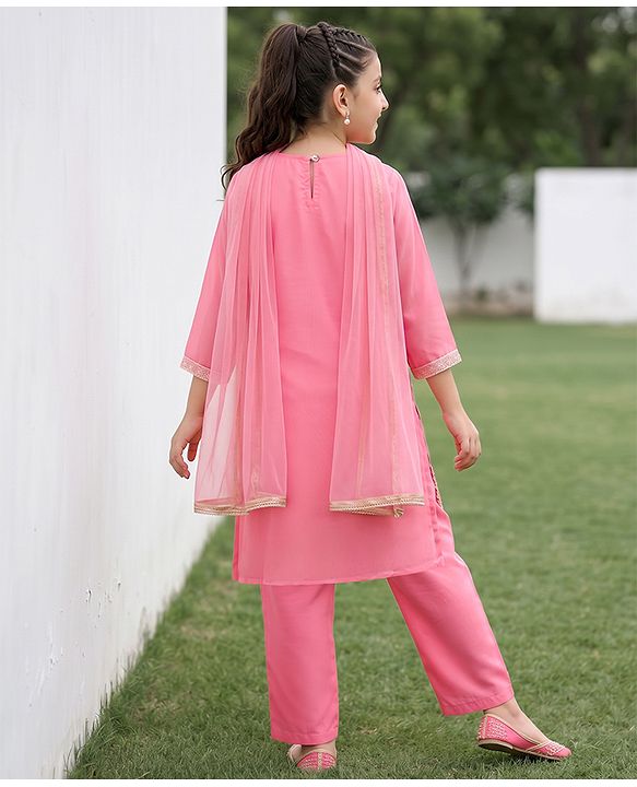 Pine Kids Woven Kurti, Pant and Dupatta with Three Fourth Sleeves and Floral Embroidery in Light Pink