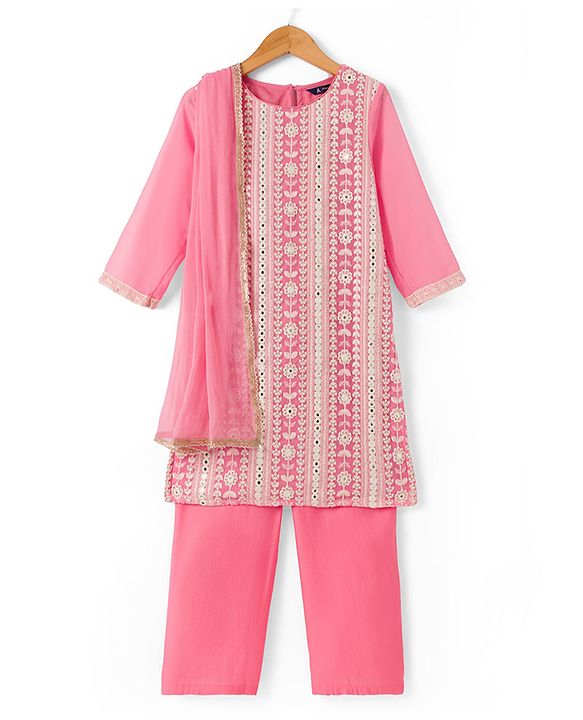 Pine Kids Woven Kurti, Pant and Dupatta with Three Fourth Sleeves and Floral Embroidery in Light Pink