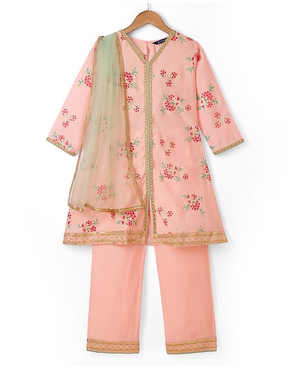 Pine Kids Woven Kurta and Churidar Set with Three Fourth Sleeves and Floral Print in Light Peach