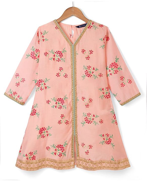 Pine Kids Woven Kurta and Churidar Set with Three Fourth Sleeves and Floral Print in Light Peach