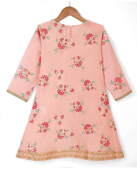 Pine Kids Woven Kurta and Churidar Set with Three Fourth Sleeves and Floral Print in Light Peach
