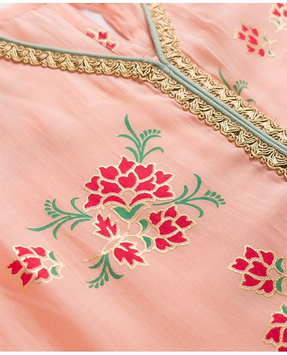 Pine Kids Woven Kurta and Churidar Set with Three Fourth Sleeves and Floral Print in Light Peach