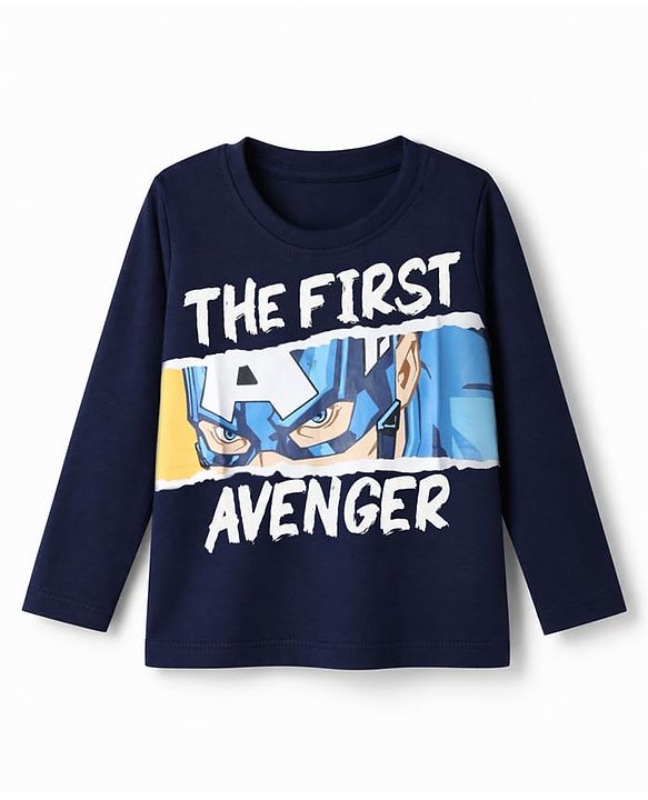 Pine Kids Marvel 100% Cotton Terry Knit Full Sleeves T-Shirt with Captain America Print - Navy Blue