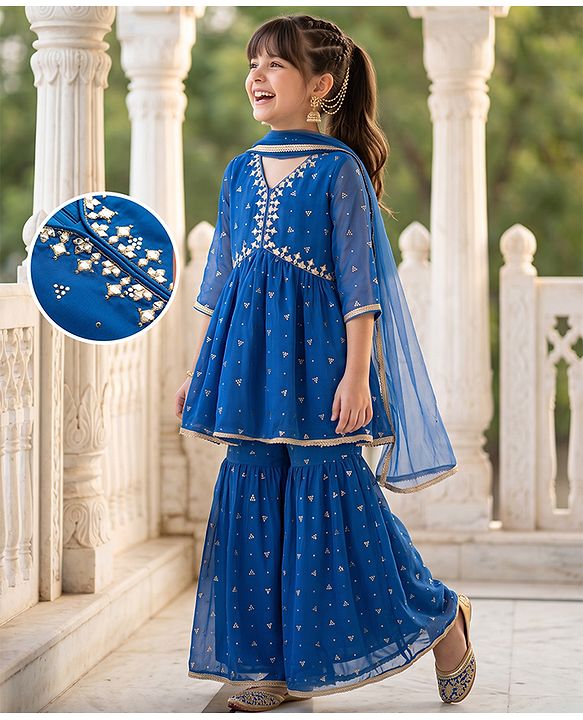 Pine Kids Woven Three Fourth Sleeves Kurti and Gharara Set with Dupatta and Dots Foil/Glitter Print in Royal Blue