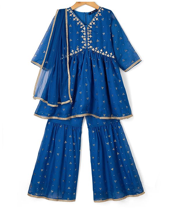 Pine Kids Woven Three Fourth Sleeves Kurti and Gharara Set with Dupatta and Dots Foil/Glitter Print in Royal Blue