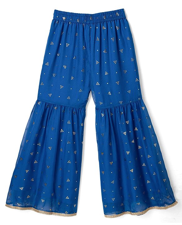 Pine Kids Woven Three Fourth Sleeves Kurti and Gharara Set with Dupatta and Dots Foil/Glitter Print in Royal Blue