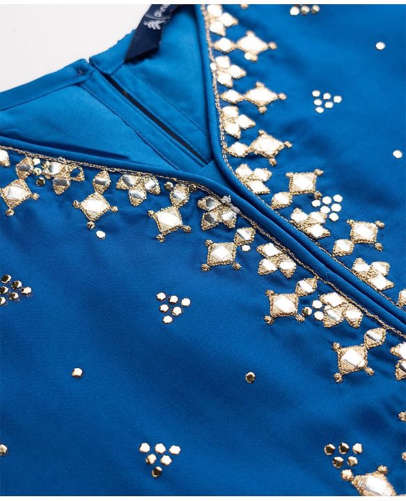 Pine Kids Woven Three Fourth Sleeves Kurti and Gharara Set with Dupatta and Dots Foil/Glitter Print in Royal Blue