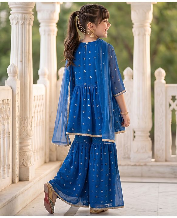 Pine Kids Woven Three Fourth Sleeves Kurti and Gharara Set with Dupatta and Dots Foil/Glitter Print in Royal Blue