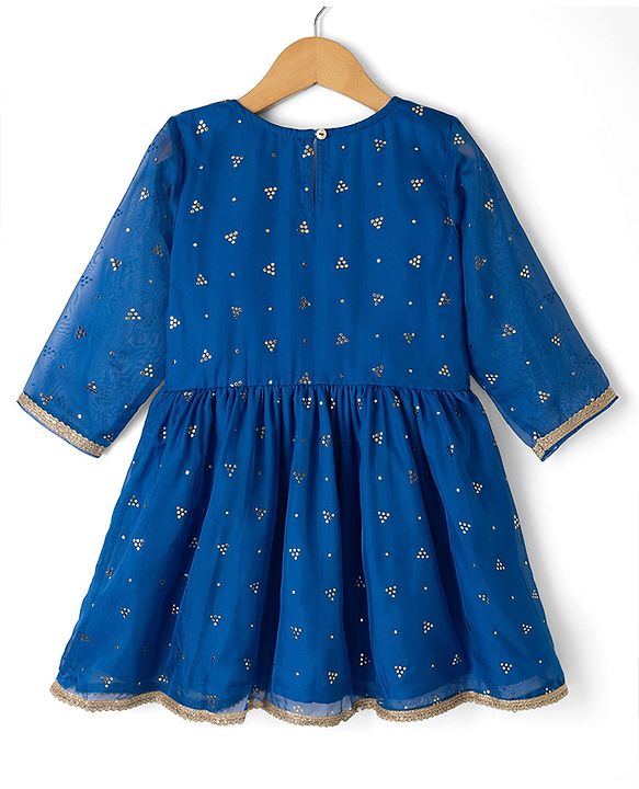 Pine Kids Woven Three Fourth Sleeves Kurti and Gharara Set with Dupatta and Dots Foil/Glitter Print in Royal Blue