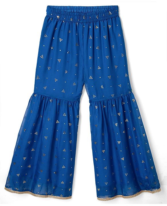 Pine Kids Woven Three Fourth Sleeves Kurti and Gharara Set with Dupatta and Dots Foil/Glitter Print in Royal Blue