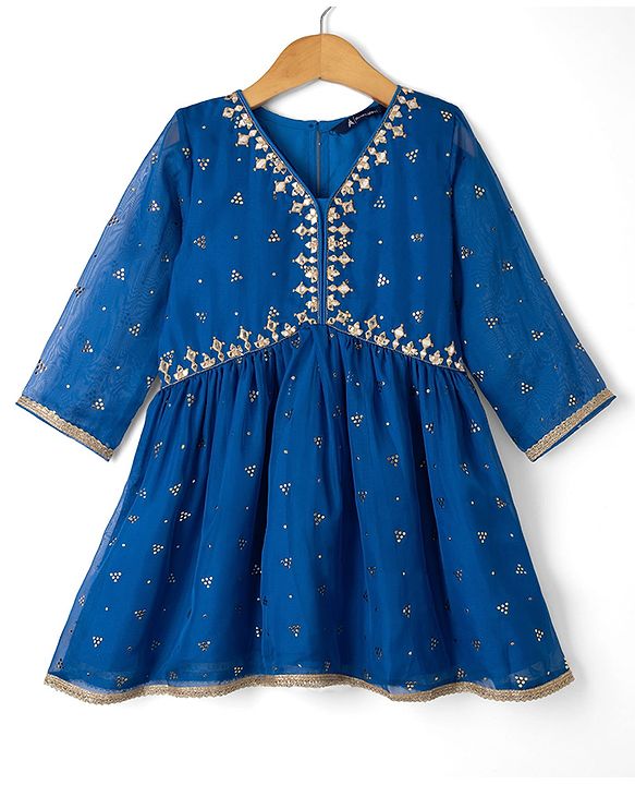 Pine Kids Woven Three Fourth Sleeves Kurti and Gharara Set with Dupatta and Dots Foil/Glitter Print in Royal Blue