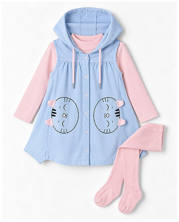 Babyhug Woven Full Sleeves Frocks with Tee & Legging with Knee Length and Cat Applique in Blue