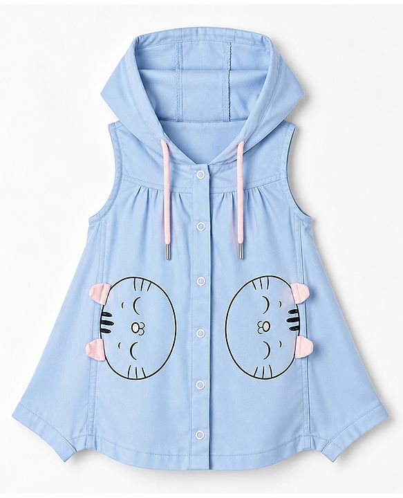 Babyhug Woven Full Sleeves Frocks with Tee & Legging with Knee Length and Cat Applique in Blue