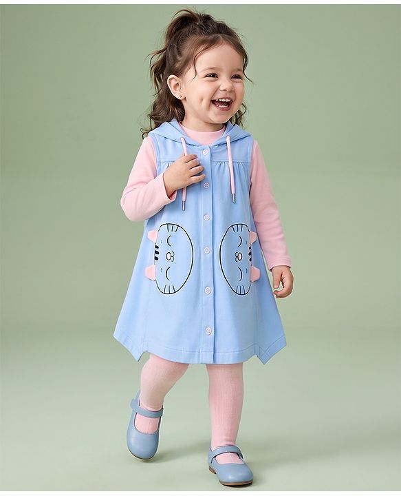 Babyhug Woven Full Sleeves Frocks with Tee & Legging with Knee Length and Cat Applique in Blue