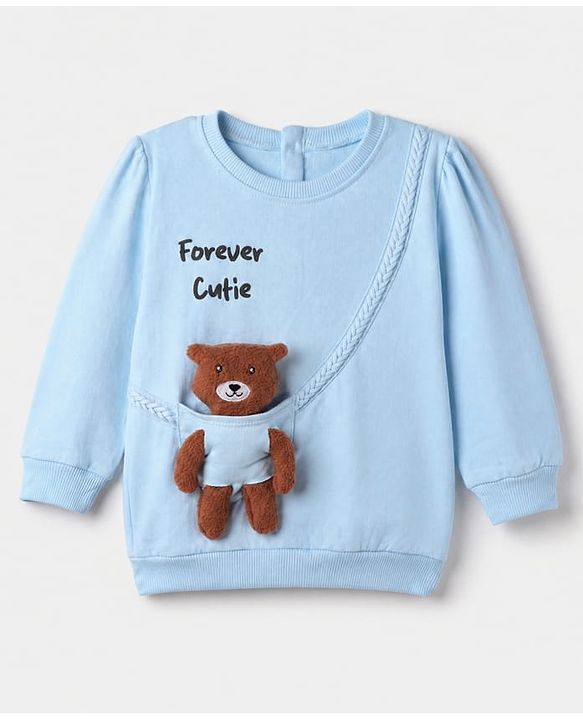 Babyhug 100% Cotton Knit Sweatshirt with Full Sleeves and Bear Applique in Light Blue