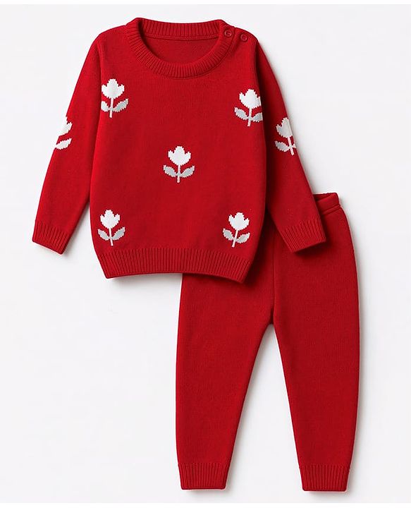 Babyhug Knit Full Sleeves Sweater Set with Floral Design - Red