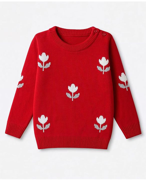 Babyhug Knit Full Sleeves Sweater Set with Floral Design - Red